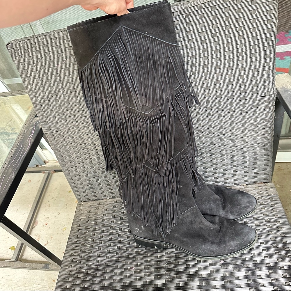 Sam Edelman Boots Sz 10 Black Pendra Layered Fringe Suede Boho Cowgirl Western